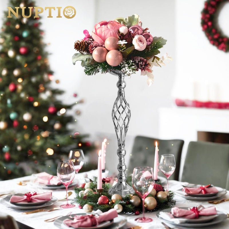 NUPTIO Set of 2 Versatile Silver Flower Arrangement Stand & Pillar Candle Holder Set for Wedding Party Dinner Centerpiece Event Restaurant Hotel Decoration (Silver Twist Style, 2 x L) - Image 4